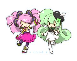 Rule 34 | 2girls, :d, apple inc., arm up, bare shoulders, beret, blush, blush stickers, boots, bow, character name, chibi, closed eyes, detached sleeves, dress, frilled skirt, frills, green hair, haruka nana, hat, headphones, long hair, macintosh, macne nana, macne series, multiple girls, name connection, open mouth, outline, pink hair, sanpati, shirt, side ponytail, signature, simple background, skirt, sleeveless, sleeveless shirt, smile, solid circle eyes, swept bangs, thigh boots, thighhighs, twintails, utau, very long hair, vocaloid, zipper