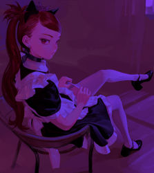 Rule 34 | 1girl, adjusting clothes, adjusting legwear, animal ears, apron, black dress, black footwear, closed mouth, dress, earrings, fkey, full body, highres, jewelry, long hair, looking at viewer, maid, on chair, original, red eyes, red hair, short sleeves, sitting, solo, thighhighs, twintails, white apron, white thighhighs