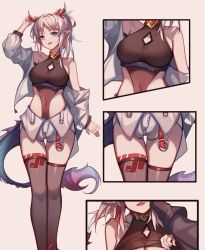 Rule 34 | 1girl, alternate costume, arknights, black thighhighs, breasts, cleavage cutout, clothing cutout, covered navel, dragon girl, dragon horns, dragon tail, earrings, hand up, horns, jacket, jewelry, leg tattoo, looking at viewer, medium breasts, multicolored hair, multiple views, nian (arknights), off shoulder, open clothes, open jacket, paid reward available, ponytail, purple eyes, red hair, see-through, see-through thighhighs, shorts, streaked hair, tail, tassel, tassel earrings, tattoo, thigh gap, thighhighs, thighs, vsa (xmj173178), white hair, white jacket, white shorts