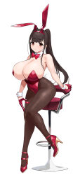 Rule 34 | 1girl, animal ears, bar stool, bare shoulders, blunt bangs, bow, bowtie, breasts, brown hair, brown pantyhose, cleavage, detached collar, detached sleeves, fake animal ears, fake tail, full body, gloves, half gloves, high heels, highres, hug, huge breasts, leotard, light smile, long hair, looking at viewer, omizu (h2o), original, pantyhose, playboy bunny, rabbit ears, rabbit tail, red bow, red bowtie, red eyes, red footwear, red gloves, red leotard, shoes, simple background, sitting, smile, solo, stool, tail, twintails, white background