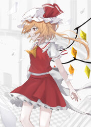 Rule 34 | 1girl, ascot, blonde hair, commentary request, crystal, flandre day, flandre scarlet, frilled skirt, frills, from side, hat, hat ribbon, highres, kuro wa shinoru, mob cap, one side up, red eyes, red nails, red ribbon, red skirt, red vest, ribbon, shirt, short sleeves, skirt, touhou, vest, white background, white headwear, white shirt, wings, yellow ascot