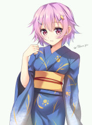Rule 34 | 10s, 1girl, alternate costume, arm at side, blue kimono, eyebrows, fish hair ornament, floral print, hair between eyes, hair ornament, hairclip, ifo, japanese clothes, kantai collection, kimono, long sleeves, obi, pink eyes, pink hair, sash, short hair, simple background, solo, tama (kancolle), twitter username, wide sleeves