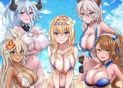 Rule 34 | 5girls, ahoge, animal ears, armpits, asymmetrical bangs, backless outfit, bare shoulders, beach, beatrix (granblue fantasy), bikini, blonde hair, blue bikini, blue hair, blue sky, blush, braid, breasts, brown eyes, brown hair, cat ears, cleavage, clothing cutout, collarbone, commentary request, dark-skinned female, dark skin, day, detached collar, diadem, draph, erune, flower, granblue fantasy, hair between eyes, hair flower, hair intakes, hair ornament, hair tubes, hairband, halterneck, hat, hat flower, heles, heles (summer) (granblue fantasy), hibiscus, highleg, highleg swimsuit, horns, izmir, izmir (summer) (granblue fantasy), jeanne d&#039;arc (granblue fantasy), large breasts, leaning forward, lily (flower), long braid, long hair, looking at viewer, midriff, mole, mole under mouth, multiple girls, navel, ocean, one-piece swimsuit, open mouth, outdoors, pointy ears, ponytail, purple bikini, red eyes, sayo ayato, side-tie bikini bottom, single braid, sitting, sky, standing, stomach, sunglasses, swimsuit, turtleneck, underboob cutout, very long hair, water, white bikini, white flower, white hair, white one-piece swimsuit, zooey (granblue fantasy), zooey (summer) (granblue fantasy)