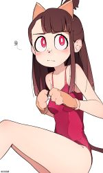 Rule 34 | 1girl, absurdres, animal ears, animal hands, bad id, bad pixiv id, bare shoulders, breasts, brown hair, closed mouth, confused, highres, kagari atsuko, little witch academia, long hair, looking at viewer, looking away, looking up, medium breasts, on floor, once 11h, one-piece swimsuit, own hands together, red eyes, red one-piece swimsuit, simple background, sitting, solo, swimsuit, white background