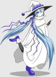 Rule 34 | 1girl, :p, absurdly long hair, anniversary, aqua eyes, aqua hair, artist name, artist request, black gloves, blue eyes, blue hair, boots, cape, female focus, fingerless gloves, full body, gloves, grey background, hat, hatsune miku, highres, ksmgbuilsyo43n, long hair, one eye closed, solo, standing, standing on one leg, tongue, tongue out, twintails, very long hair, vocaloid, white cape, witch hat
