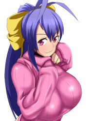 Rule 34 | 1girl, antenna hair, asortofcolorfag, blazblue, blazblue remix heart, blue hair, blush, bow, breasts, genderswap, genderswap (mtf), hair bow, highres, huge breasts, impossible clothes, impossible sweater, long hair, looking at viewer, mai natsume, maydrawfag, pink shirt, ponytail, red eyes, ribbed sweater, ribbon, shirt, smile, solo, sweater, turtleneck, upper body, white background, yellow bow
