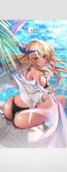 Rule 34 | 1girl, absurdres, ass, bikini, black bikini, blonde hair, blush, breasts, dark-skinned female, dark skin, elf, elfriend (shiranui flare), highres, hololive, jacket, large breasts, long hair, looking at viewer, maison de cante, multicolored hair, nail polish, open clothes, open jacket, pointy ears, pool, poolside, red eyes, ribbon, shiranui flare, skindentation, solo, streaked hair, swimsuit, tears, virtual youtuber, white hair