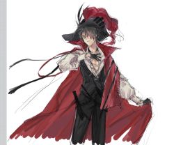Rule 34 | 1boy, animal ears, arknights, black gloves, blouse, brown eyes, brown hair, cape, cat boy, cat ears, coat, cowboy shot, gloves, guan7637, hair over one eye, hand up, hat, hat feather, highres, male focus, phantom (arknights), red cape, shirt, short hair, simple background, sketch, solo