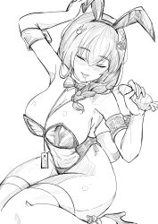 Rule 34 | 1girl, animal ears, arm up, blush, bow, bowtie, breasts, carrot, cleavage, closed eyes, detached collar, elbow gloves, fake animal ears, fake tail, gloves, goddess of victory: nikke, greyscale, holding, id card, large breasts, leotard, long hair, mary (medical rabbit) (nikke), mary (nikke), monochrome, official alternate costume, playboy bunny, rabbit ears, rabbit tail, saliva, saliva trail, sexually suggestive, sitting, solo, strapless, strapless leotard, tail, thighhighs, thighs, tongue, tongue out, yougenko