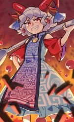 Rule 34 | 1girl, blue dress, blue ribbon, curled horns, dress, earrings, feet out of frame, grey hair, grin, holding, horn ornament, horn ribbon, horns, jewelry, pointy ears, red eyes, red horns, red sleeves, ribbon, sheep horns, shikido (khf), short hair, smile, solo, tabard, touhou, toutetsu yuuma