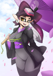 Rule 34 | 1girl, absurdres, callie (splatoon), blush, breasts, cherry blossoms, domino mask, earrings, grey kimono, highres, holding, holding umbrella, japanese clothes, jewelry, kimono, leaf, long sleeves, mask, mole, mole under eye, nintendo, oil-paper umbrella, open mouth, pointy ears, smile, solo, splatoon (series), splatoon 2, suction cups, symbol-shaped pupils, teeth, tentacle hair, umbrella, yellow eyes, zzvinniezz