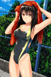 Rule 34 | 1girl, ano hito, armpits, black hair, black one-piece swimsuit, breasts, brown eyes, bush, chain-link fence, cleavage, closed mouth, cloud, collarbone, competition swimsuit, cowboy shot, drying, drying hair, fence, foliage, groin, hair between eyes, highres, hip bones, long hair, looking at viewer, medium breasts, one-piece swimsuit, outdoors, poolside, red towel, sky, solo, standing, swimsuit, towel, towel on head, wet, wet clothes, wet swimsuit
