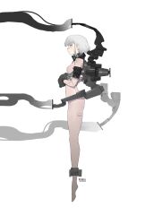 Rule 34 | 1girl, android, ankle cuffs, bandaid, bandaid on face, bandaid on nose, bodysuit, breasts, closed mouth, cuffs, ear piercing, from side, full body, grey hair, highres, liren44, looking ahead, machine, mechanical parts, metal, original, piercing, profile, science fiction, short hair, simple background, skin tight, small breasts, solo, twitter username, white background, white eyes