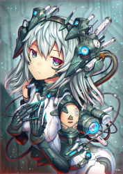 Rule 34 | 1girl, blurry, blurry background, bodysuit, breasts, gia, grey eyes, headgear, long hair, looking at viewer, mecha musume, mechanical arms, medium breasts, multicolored eyes, original, silver hair, sleeveless, solo, tattoo
