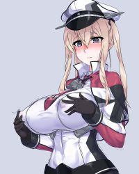 Rule 34 | 10s, 1girl, blonde hair, blush, breasts, covered erect nipples, gloves, grabbing own breast, graf zeppelin (kancolle), grey background, hat, highres, huge breasts, kantai collection, large areolae, long hair, mizuumi (bb), purple background, purple eyes, simple background, solo