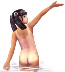 Rule 34 | 1girl, ass, black eyes, black hair, female focus, from behind, one-piece tan, original, popopon, profile, simple background, solo, tan, tanline, twintails, wading, water, white background