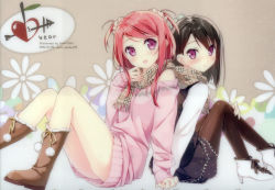 Rule 34 | 2girls, :d, absurdres, black hair, boots, dress, high heels, highres, holding hands, image sample, kantoku, kurumi (kantoku), looking back, multiple girls, open mouth, original, pantyhose, pink hair, plaid, plaid scarf, purple eyes, scarf, shared clothes, shared scarf, shizuku (kantoku), shoes, short twintails, smile, sweater, sweater dress, twintails