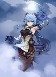 Rule 34 | 1girl, ahoge, arm up, armpits, bare shoulders, bell, black bodysuit, blue hair, bodice, bodystocking, bodysuit, bodysuit under clothes, breasts, chinese knot, detached sleeves, flower knot, ganyu (genshin impact), genshin impact, gloves, gogalking, gold trim, highres, horns, long hair, neck bell, open mouth, solo, teeth, vision (genshin impact), white sleeves