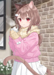 Rule 34 | 1girl, :t, animal ears, anz32, baozi, blurry, blurry background, brick wall, brown hair, brown mittens, brown scarf, brown tail, cat ears, cat girl, cat tail, closed mouth, depth of field, eating, enpera, female focus, food, hands up, holding, holding food, jacket, long hair, long sleeves, looking at viewer, mittens, nina (anz32), original, outdoors, pink jacket, plaid, plaid scarf, pleated skirt, puffy long sleeves, puffy sleeves, red eyes, scarf, skirt, solo, steam, tail, twitter username, white skirt, window