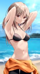 Rule 34 | 1girl, armpits, arms up, bare arms, beach, bikini, bikini top only, black bikini, blurry, blurry background, bodysuit, breasts, brown eyes, cleavage, closed mouth, collarbone, day, diving suit, hair between eyes, halterneck, highres, kiona (giraffe kiona), light brown hair, long hair, looking at viewer, medium breasts, navel, original, outdoors, smile, solo, straight hair, summer, swimsuit, wetsuit