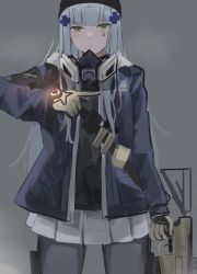 Rule 34 | 1girl, agent 416 (girls&#039; frontline), agent 416 (shield of manhattan) (girls&#039; frontline), blue jacket, brown gloves, expressionless, girls&#039; frontline, gloves, green eyes, grey hair, grey skirt, highres, hk416 (girls&#039; frontline), jacket, long hair, looking at viewer, pantyhose, pointing, pointing to the side, respirator, skirt, solo, ubah