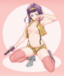 Rule 34 | 1girl, bare shoulders, black footwear, black panties, boots, breasts, breasts out, closed mouth, collarbone, covered erect nipples, cowboy bebop, crop top, faye valentine, film grain, front-tie top, full body, green eyes, groin, gun, hair intakes, hairband, hand up, handgun, highres, holding, holding gun, holding weapon, komi shin&#039;ya, large breasts, looking at viewer, medium breasts, navel, no bra, open clothes, open fly, panties, pink thighhighs, pistol, popped collar, purple hair, revealing clothes, short hair, short shorts, shorts, sig p228/p229, simple background, solo, spotlight, squatting, suspender shorts, suspenders, thighhighs, underwear, weapon, white background, yellow hairband, yellow shorts, zipper
