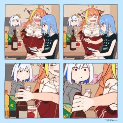Rule 34 | 4girls, 4koma, absurdres, ahoge, alternate costume, amane kanata, anemachi, angel, apple juice, bare shoulders, blonde hair, blue hair, blunt bangs, blush stickers, bottle, bow, breast hold, breasts, brown hair, cellphone, closed mouth, collarbone, colored inner hair, comic, diagonal-striped bow, doukyo&#039;s, dragon girl, dragon horns, flat chest, flat chest joke, food, hair intakes, halo, highres, hololive, hood, hood down, horn bow, horn ornament, horns, hoshimachi suisei, indoors, jacket, jewelry, juice, juice box, kiryu coco, kiryu coco (loungewear), large breasts, laughing, long hair, long sleeves, multicolored hair, multiple girls, necklace, no nose, off shoulder, official alternate costume, open mouth, orange hair, parody, partially unzipped, phone, photo-referenced, pink hair, pointy ears, red jacket, short hair, short sleeves, shorts, signature, silent comic, single hair intake, smartphone, star halo, streaked hair, striped, striped bow, track jacket, tsukino (nakajimaseiki), twintails, virtual youtuber, white shorts, yoo se-yoon bottle grab (meme)