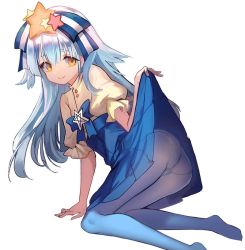 Rule 34 | 10s, 1girl, blue hair, blue pantyhose, blue skirt, clothes lift, commentary, fuyouchu, hair down, hair ornament, hair ribbon, high-waist skirt, hoshikawa lily, kneeling, leaning forward, lifted by self, long hair, looking at viewer, panties, panties under pantyhose, pantyhose, puffy short sleeves, puffy sleeves, ribbon, shirt, short sleeves, simple background, skirt, skirt lift, smile, solo, star (symbol), star hair ornament, underwear, white background, white panties, white shirt, yellow eyes, zombie land saga