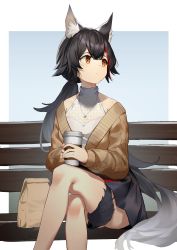 Rule 34 | 1girl, absurdres, animal ears, bag, bare legs, black hair, brown cardigan, brown eyes, cardigan, cine (wazd0183), closed mouth, crossed legs, cup, feet out of frame, highres, holding, holding cup, hololive, jewelry, long hair, looking away, looking to the side, multicolored hair, necklace, on bench, ookami mio, ookami mio (street), open cardigan, open clothes, ponytail, red hair, shirt, simple background, sleeveless, sleeveless shirt, solo, streaked hair, very long hair, virtual youtuber, white shirt, wolf ears, wolf girl