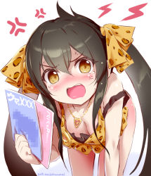 Rule 34 | 1girl, akazawa red, anger vein, angry, animal print, black hair, blush, book, breasts, brown eyes, cleavage, hair ribbon, holding, idolmaster, idolmaster cinderella girls, jewelry, leaning forward, leopard print, long hair, looking at viewer, matoba risa, medium breasts, necklace, open mouth, ribbon, simple background, solo, tears, twintails, white background