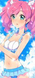 Rule 34 | 10s, 1girl, aikatsu!, aikatsu! (series), amahane madoka, bikini, blue eyes, blush, clearite, gradient background, hair ornament, highres, looking at viewer, navel, open mouth, pink hair, solo, swimsuit, twintails, water, wet