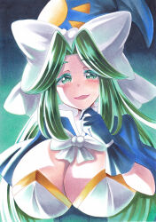 Rule 34 | 1girl, alternate costume, blue capelet, bow, bowtie, breasts, capelet, cleavage, cleavage cutout, clothing cutout, corset, eyeliner, gloves, green eyeliner, green eyes, green hair, hand on own chin, hat, highres, huge bow, large breasts, long hair, mima (touhou), nemonadi, open mouth, smile, solo, sun print, touhou, touhou (pc-98), white corset, wizard hat
