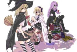 Rule 34 | 3girls, alice margatroid, black cape, black footwear, black hat, blonde hair, blue eyes, book, book stack, bow, broom, cape, crescent, doll, female focus, frilled skirt, frills, glasses, goth fashion, hair bow, hairband, hat, holding, holding book, kirisame marisa, long hair, looking at viewer, mary janes, multiple girls, patchouli knowledge, ponytail, puppet, purple hair, shoes, simple background, sitting, skirt, string, string of fate, striped clothes, striped legwear, striped thighhighs, tadano kagekichi, thighhighs, touhou, witch hat, yellow eyes