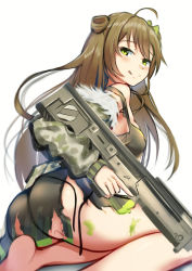 Rule 34 | 1girl, ass, black shirt, blush, bow, bullpup, camouflage, camouflage jacket, closed mouth, clothes pull, double bun, feet, fur-trimmed jacket, fur trim, girls&#039; frontline, green eyes, gun, hair bow, hair bun, highres, holding, holding weapon, jacket, jacket pull, legs, light brown hair, lodbyy, long hair, looking at viewer, looking to the side, no shoes, rfb (girls&#039; frontline), shirt, sitting, smile, soles, solo, thighs, tongue, tongue out, torn clothes, weapon, white background