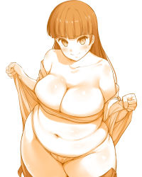 Rule 34 | 1girl, bad id, bad pixiv id, belly, blush, breasts, cleavage, commentary request, fat, fat rolls, female focus, fundoshi, highres, japanese clothes, kumaneko, large breasts, long hair, looking at viewer, monochrome, navel, nervous smile, orange theme, original, panties, plump, sarashi, simple background, smile, solo, thick thighs, thighhighs, thighs, underwear, underwear only, undressing, white background, wide hips