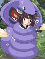 Rule 34 | !?, 1girl, arbok, blunt bangs, blush, brown hair, commentary request, constriction, creatures (company), forked tongue, full body, game freak, gen 1 pokemon, grass, headgear, highres, lets0020, looking at viewer, motion blur, nintendo, open mouth, pokemon, pokemon (creature), red eyes, short bangs, short hair, smile, snake, surprised, tongue, touhoku kiritan, tree, voiceroid