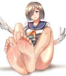 Rule 34 | 1girl, barefoot, blue eyes, blue sailor collar, bored, breasts, closed mouth, foot focus, gloves, grey hair, hair ornament, hair over one eye, hairclip, hamakaze (kancolle), highres, hizagawa rau, kantai collection, large breasts, neckerchief, orange neckerchief, sailor collar, school uniform, serafuku, shirt, short hair, short sleeves, sitting, soles, solo, thighs, toes, white background, white gloves, white shirt