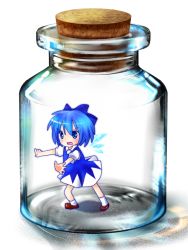 Rule 34 | 1girl, bad id, bad pixiv id, blue eyes, blue hair, bottle, bottle meme (pixiv), bow, cirno, cork, dress, glass, hair bow, hair ribbon, in bottle, in container, jar, matching hair/eyes, ribbon, socks, solo, touhou, wings