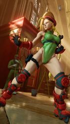 Rule 34 | 1girl, 3d, antenna hair, bare shoulders, blonde hair, blue eyes, braid, breasts, cammy white, capcom, covered navel, curvy, fighting stance, full body, gloves, green leotard, groin, hat, highleg, highleg leotard, highres, large breasts, legs, leotard, lips, long hair, looking at another, looking to the side, night, night sky, red gloves, red hat, ryona, screencap, shiny clothes, sky, solo, street fighter, street fighter v, thighs, third-party edit, thong leotard, train station, twin braids, very long hair, view between legs, wide hips