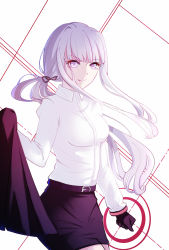 1girl belt black_gloves black_ribbon black_skirt breasts chi_ya cowboy_shot danganronpa:_trigger_happy_havoc danganronpa_(series) dress_shirt female_focus floating_hair gloves hair_irbobn highres holding holding_jacket holding_unworn_clothes jacket kirigiri_kyoko long_hair medium_breasts miniskirt pencil_skirt pink_eyes ponytail ribbon shirt silver_hair skirt smile solo standing unworn_jacket very_long_hair white_shirt