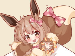 Rule 34 | 1girl, :3, :d, animal ears, blush, bow, brown background, brown eyes, brown hair, creatures (company), eevee, fur, game freak, gen 1 pokemon, hair between eyes, hair bow, head tilt, highres, long sleeves, looking at viewer, nintendo, open mouth, personification, pink bow, pokemon, pokemon lgpe, polka dot, polka dot bow, puffy long sleeves, puffy sleeves, scarlet dango, simple background, smile, solo, tail, tail bow, tail ornament, tail raised