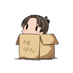 Rule 34 | 10s, 1girl, ayanami (kancolle), box, brown hair, cardboard box, dated, hatsuzuki 527, in box, in container, kantai collection, long hair, side ponytail, simple background, solid oval eyes, solo, translated, twitter username, white background