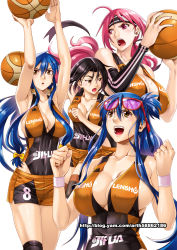 Rule 34 | 4girls, armpits, ball, basketball, basketball (object), basketball uniform, black hair, breasts, cleavage, collage, covered erect nipples, detached sleeves, eyewear on head, ge xi, glasses, headband, highres, huge breasts, knee brace, leotard, long hair, low ponytail, lowleg, lowleg shorts, mole, mole on breast, multiple girls, one side up, open mouth, original, pink hair, playing sports, red-framed eyewear, shorts, sideboob, single sleeve, smile, sportswear, sweat, watermark, web address, wristband