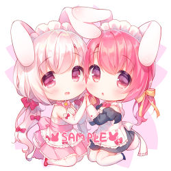 Rule 34 | 2girls, :d, :o, animal ears, apron, black dress, black footwear, blush, bow, brown eyes, dress, hair between eyes, hair bow, juliet sleeves, kneeling, long hair, long sleeves, looking at viewer, low twintails, lowres, maid, maid headdress, mary janes, multiple girls, open mouth, original, pantyhose, parted lips, pink bow, pink dress, pink eyes, pink hair, puffy sleeves, rabbit ears, rabbit girl, rabbit tail, red footwear, sakura (usashiro mani), sample watermark, shoes, silver hair, smile, tail, thighhighs, twintails, usashiro mani, very long hair, waist apron, watermark, white apron, white legwear, yellow bow