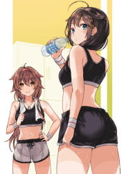 Rule 34 | 2girls, ahoge, ass, black hair, black shorts, black sports bra, blue eyes, bottle, braid, brown eyes, brown hair, dolphin shorts, grey shorts, hair flaps, hair over shoulder, hairband, hand on own hip, kantai collection, looking at viewer, midriff, multiple girls, pocari sweat, red hairband, satsumi, shigure (kancolle), shigure kai ni (kancolle), shiratsuyu (kancolle), shorts, single braid, smile, sports bra, towel, towel around neck, wristband