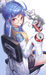 Rule 34 | 1girl, absurdres, aged down, ahoge, blue hair, blue shirt, brown sweater, can, collared shirt, dr pepper, drinking, drinking straw, girls&#039; frontline, glasses, hair ornament, hairclip, highres, k0a, k11 (girls&#039; frontline), k11 (lil&#039; scientist) (girls&#039; frontline), lab coat, looking at viewer, low ponytail, mechanical arms, official alternate costume, purple eyes, religious offering, shirt, shoes, single mechanical arm, sitting, sweater, white background