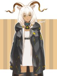 Rule 34 | 1girl, animal ears, arknights, beeswax (arknights), black coat, black collar, brown background, character name, coat, collar, cowboy shot, dark-skinned female, dark skin, dress, female focus, flat chest, goat ears, goat girl, goat horns, hair between eyes, highres, horns, infection monitor (arknights), long sleeves, looking at viewer, nnicoinu, open clothes, open coat, parted lips, simple background, solo, thigh strap, two-tone background, white background, white dress, yellow eyes