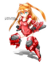 Rule 34 | 1girl, :&lt;, breasts, densou tenshi valforce, elbow gloves, fighting stance, gloves, green eyes, karukan (monjya), long hair, mecha musume, mechanical arms, misawa elena, one-piece swimsuit, orange hair, red one-piece swimsuit, school swimsuit, solo, swimsuit, thighhighs, thrusters, two side up