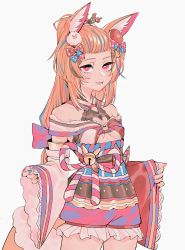 Rule 34 | animal ears, bangs pinned back, bell, blonde hair, blue nails, bow, breasts, detached sleeves, eyelashes, eyeliner, fox ears, fox tail, frilled sleeves, frills, grin, hair bow, hair ornament, half-closed eyes, high ponytail, highres, hololive, japanese clothes, jingle bell, kakult2017, kanzashi, kimono, lips, long hair, looking at viewer, makeup, multicolored hair, multicolored nails, nail polish, omaru polka, omaru polka (new year), polka dot, polka dot bow, red eyes, red nails, simple background, sleeves past wrists, small breasts, smile, solo, streaked hair, tail, thighs, underboob, very long hair, virtual youtuber, white background, wide sleeves