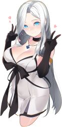 Rule 34 | 1girl, armlet, black collar, black gloves, black ribbon, blue eyes, blush, breasts, cleavage, closed mouth, collar, collarbone, covered navel, cowboy shot, crossed legs, double v, dress, elbow gloves, game cg, gloves, hair over shoulder, heart, highres, jewelry, large breasts, light smile, looking at viewer, miracle snack shop, necklace, non-web source, nose blush, official art, parted bangs, philia salis, ribbon, sidelocks, talesshop, thighs, transparent background, ukero, v, white dress, white hair